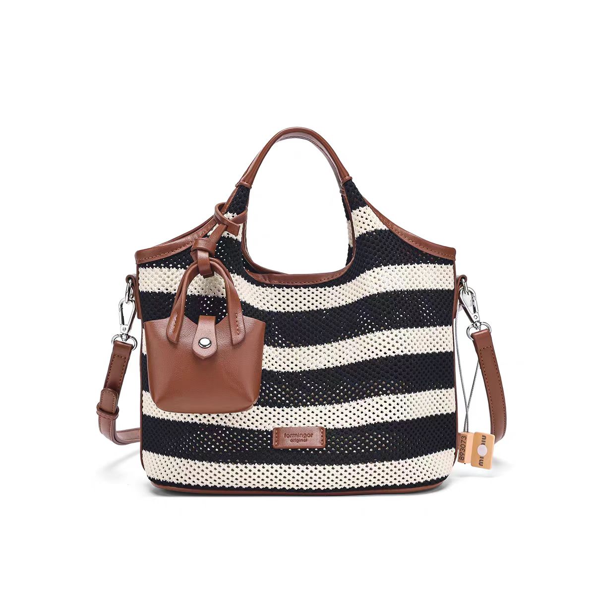 Striped woven women's bag can be carried by hand or worn across the body