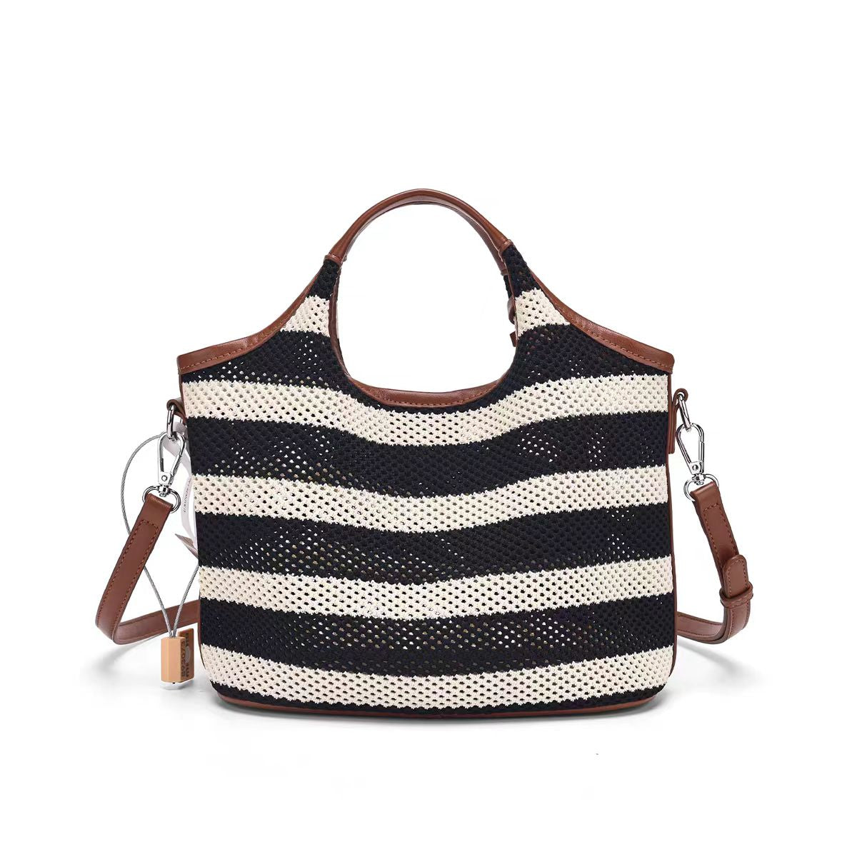 Striped woven women's bag can be carried by hand or worn across the body
